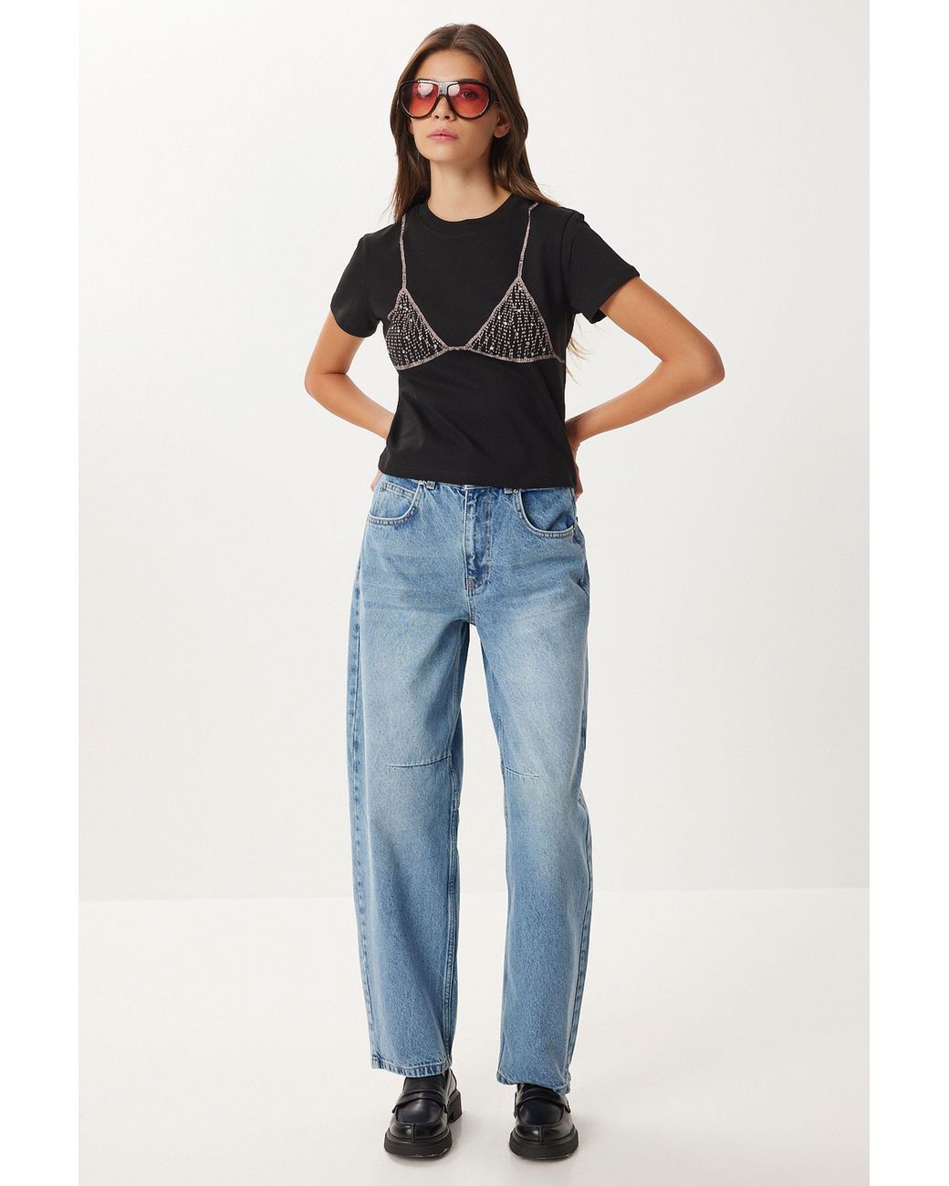 Happiness İstanbul Blue High Waist Balloon Fit Jeans With Boot Cuff