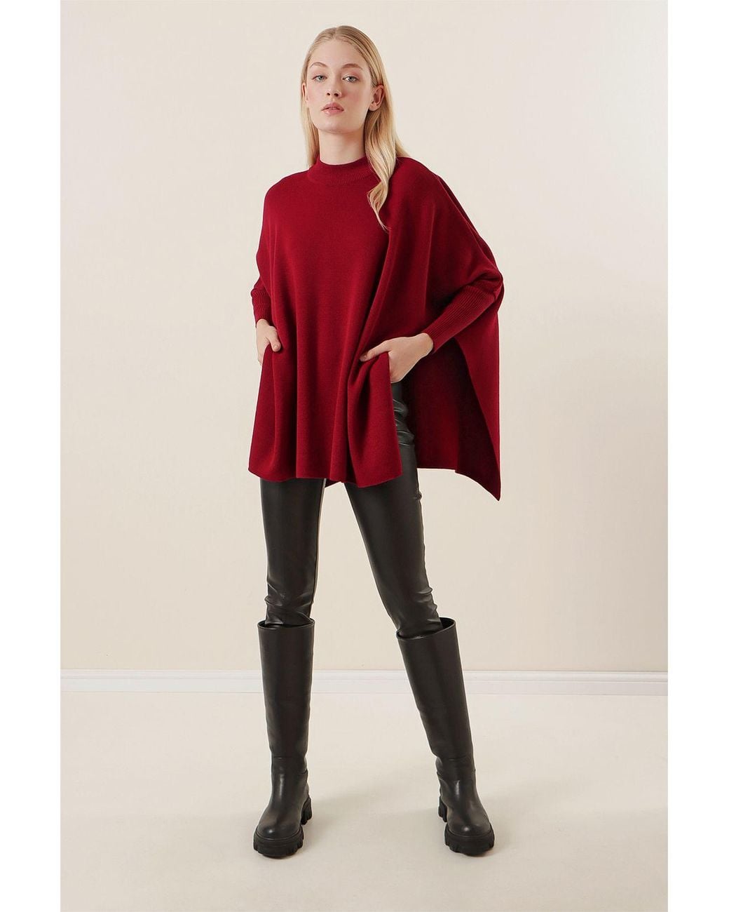 Bigdart Red Slit Detailed Half Turtleneck Loose Sweater