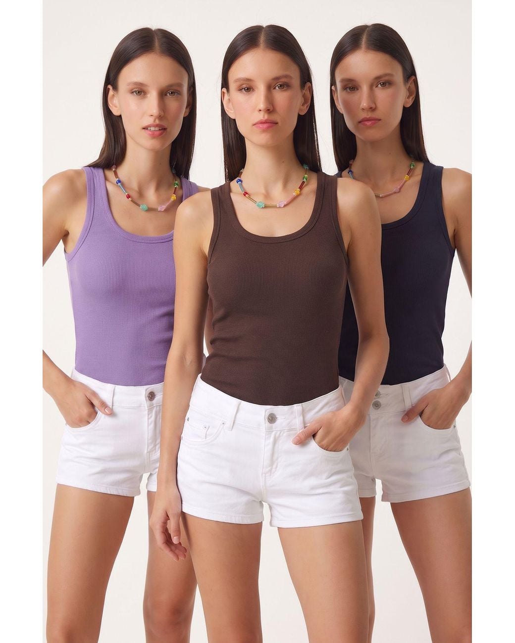 Happiness İstanbul Brown 3-Pack Ribbed Cotton Cami Tops
