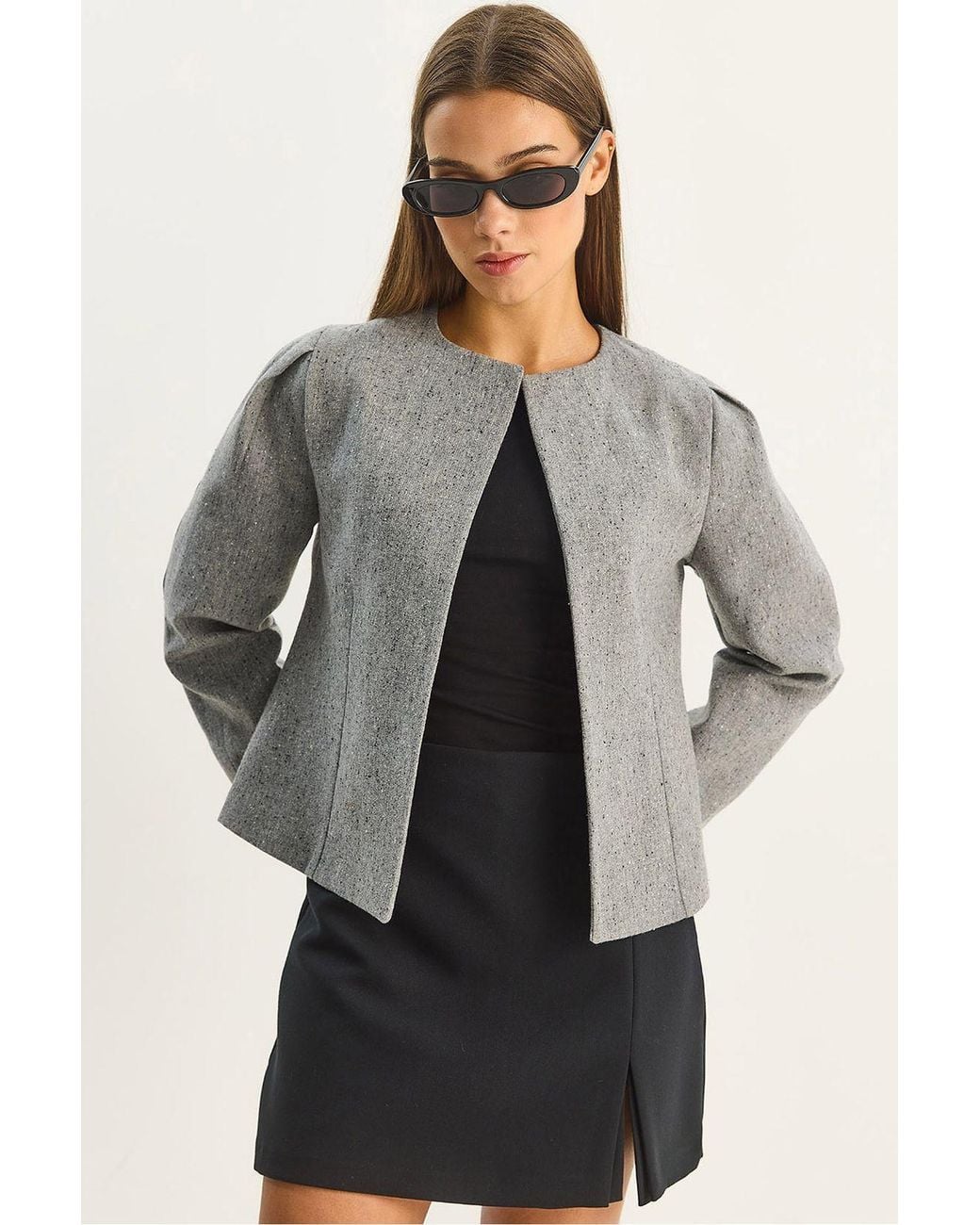 Bianco Lucci Gray Textured Open Collar Lined Jacket