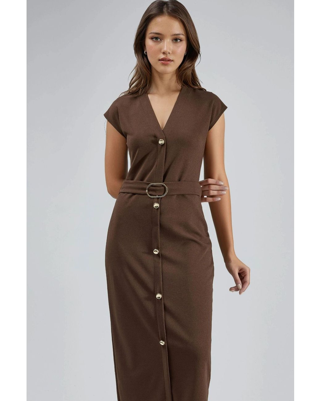 Busem Brown Belted Midi Dress With V-Neck