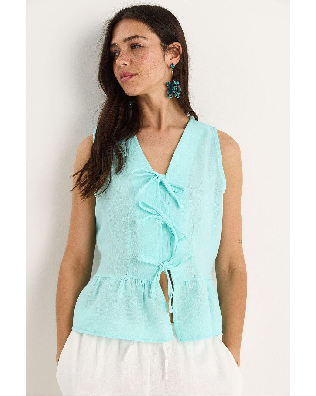 Bianco Lucci Blue V-Neck Crepe Blouse With Bow Tie