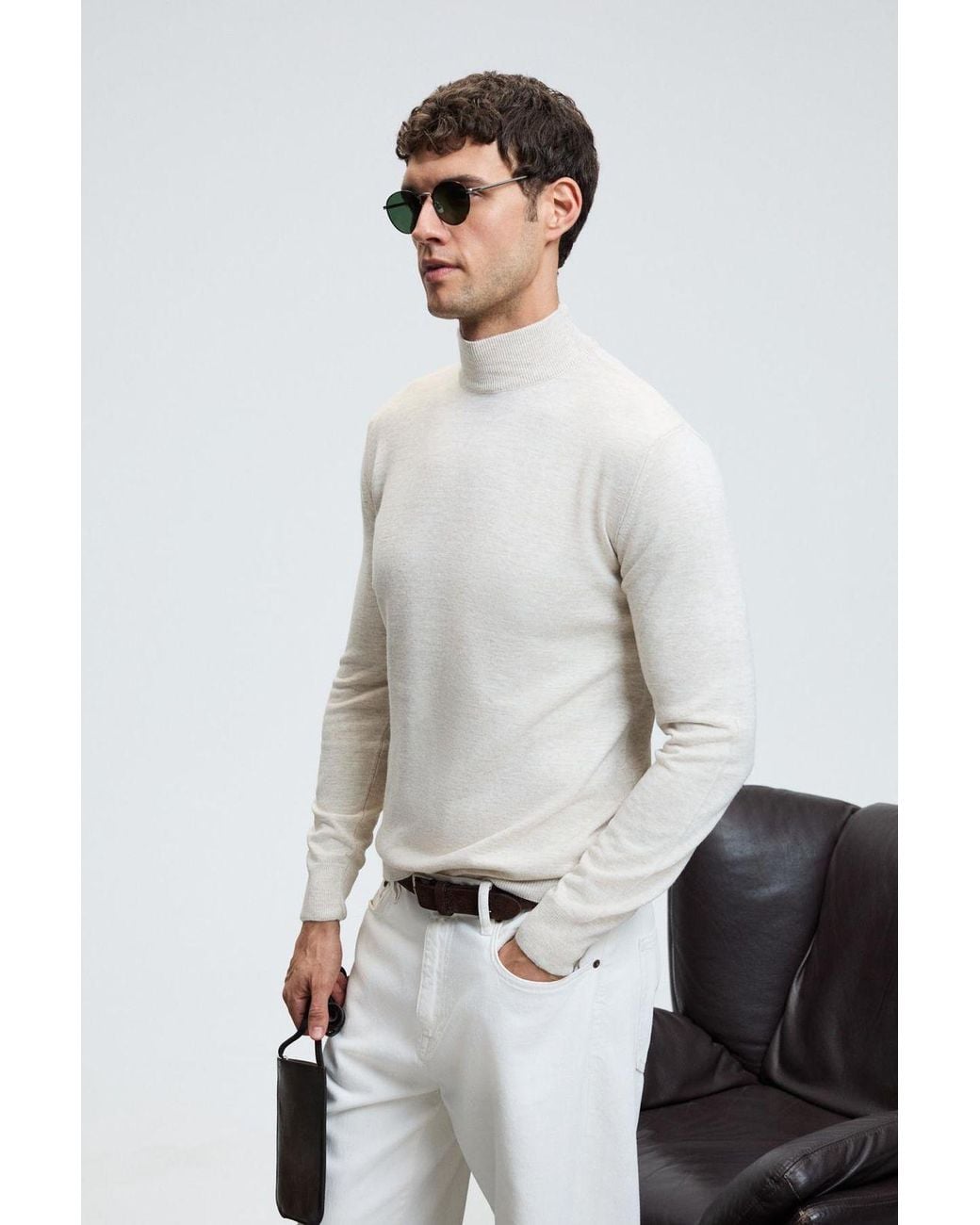 Grimelange White Fine Knit Ribbed Crew Neck Jumper for men