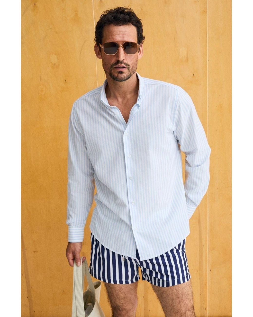 Grimelange Blue Button Collar Poplin Shirt for men