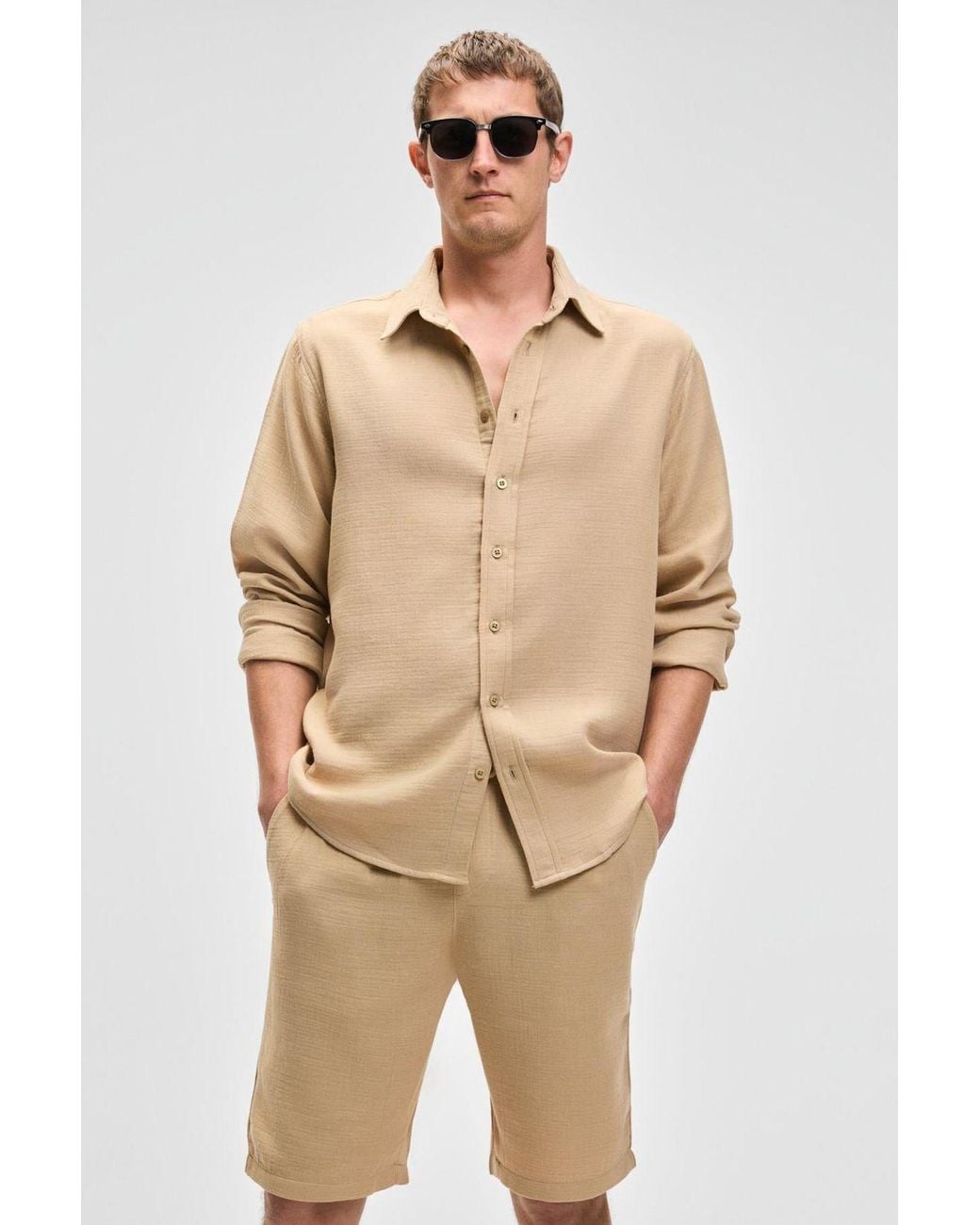 Grimelange Natural Long Sleeve Button Shirt for men