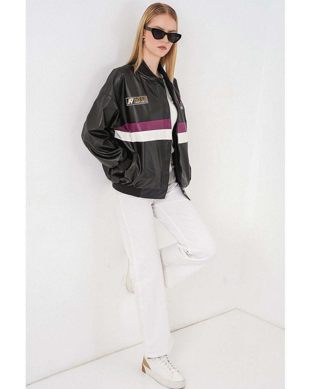 Bigdart Gray Fitted Crop Faux Leather Bomber Jacket With Bow