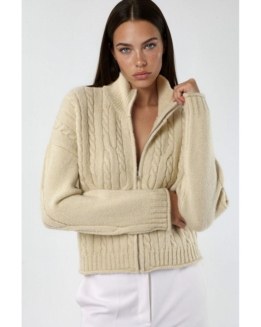Hiccup Natural Half Turtleneck Cable Knit Cardigan With Zipper