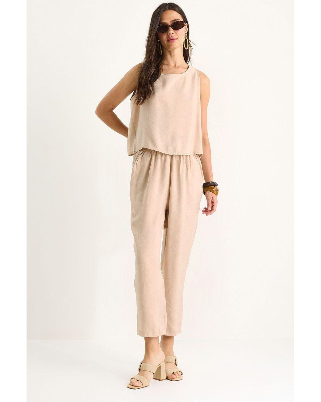 Bianco Lucci Natural Sleeveless Crew Neck Blouse And Carrof Fıt Pants Set
