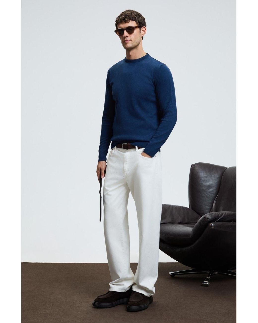 Grimelange Blue Ribbed Crew Neck Jumper for men