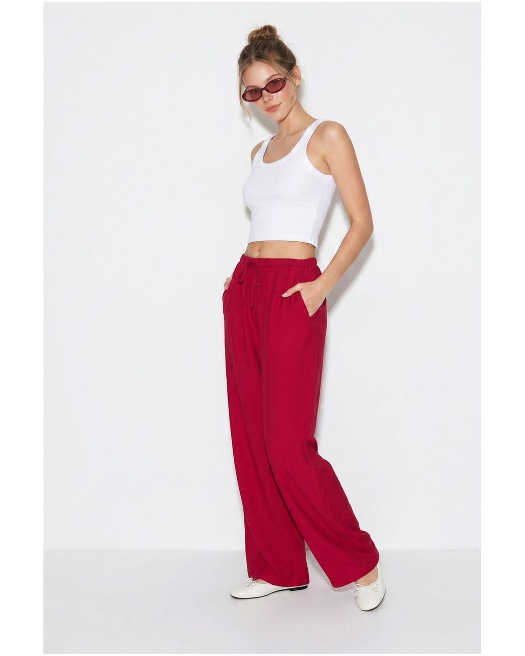 Bianco Lucci Red Wide-Leg Crepe Trousers