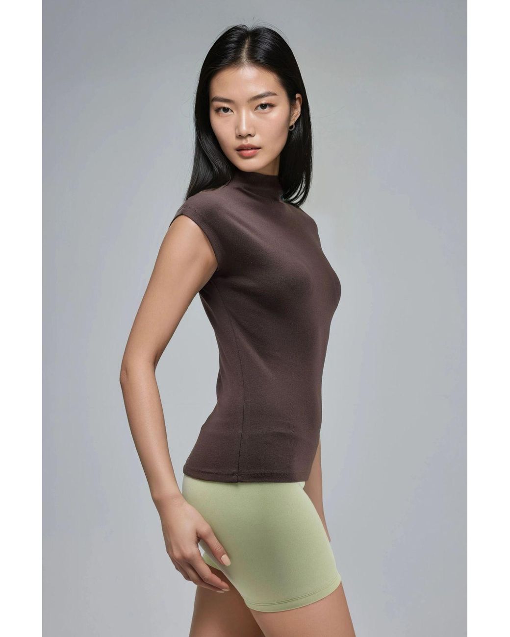 Busem Brown Fitted Mock Neck Cap Sleeve Knitted Blouse