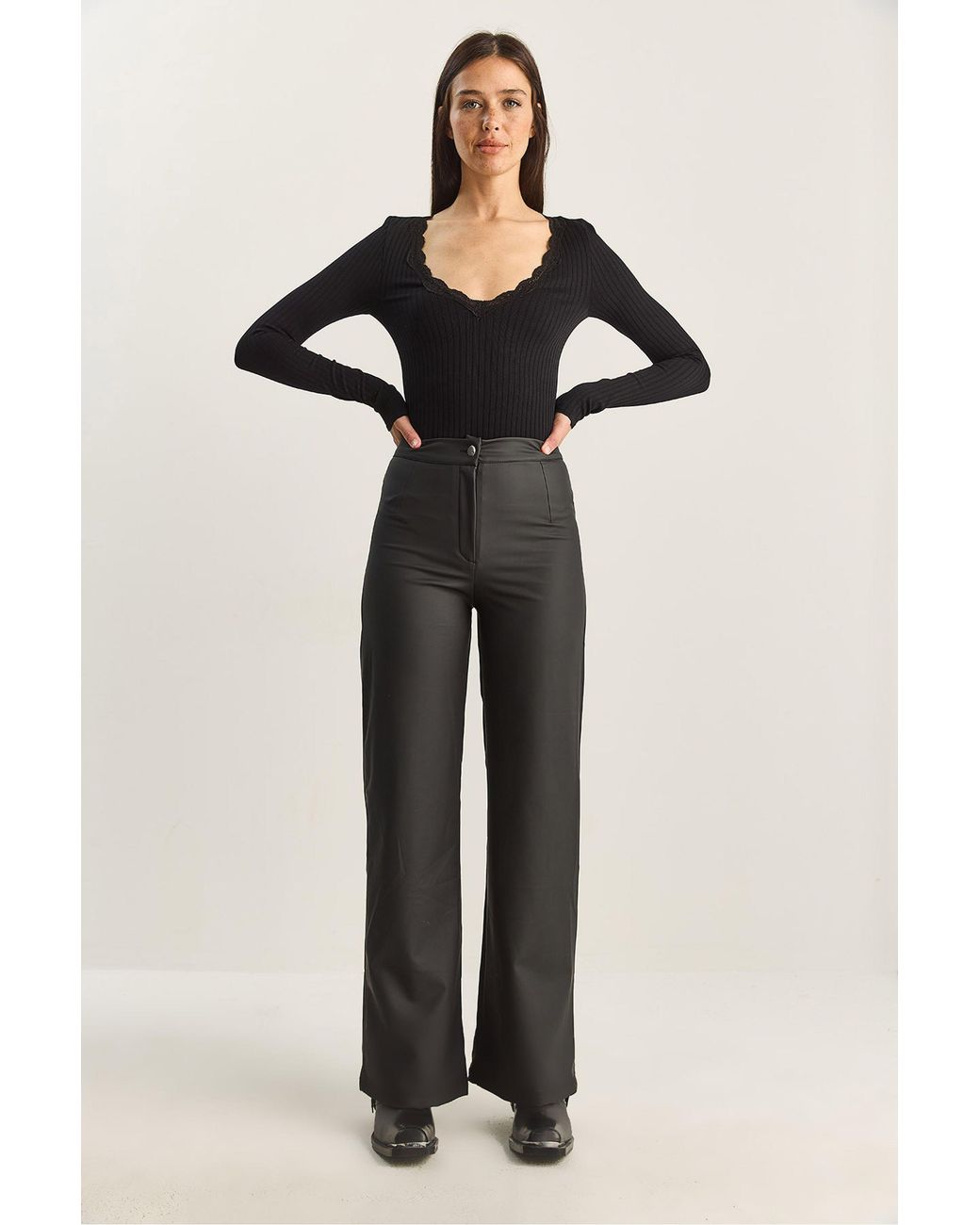 Bianco Lucci Black High Waist Wide Leg Faux Leather Pants