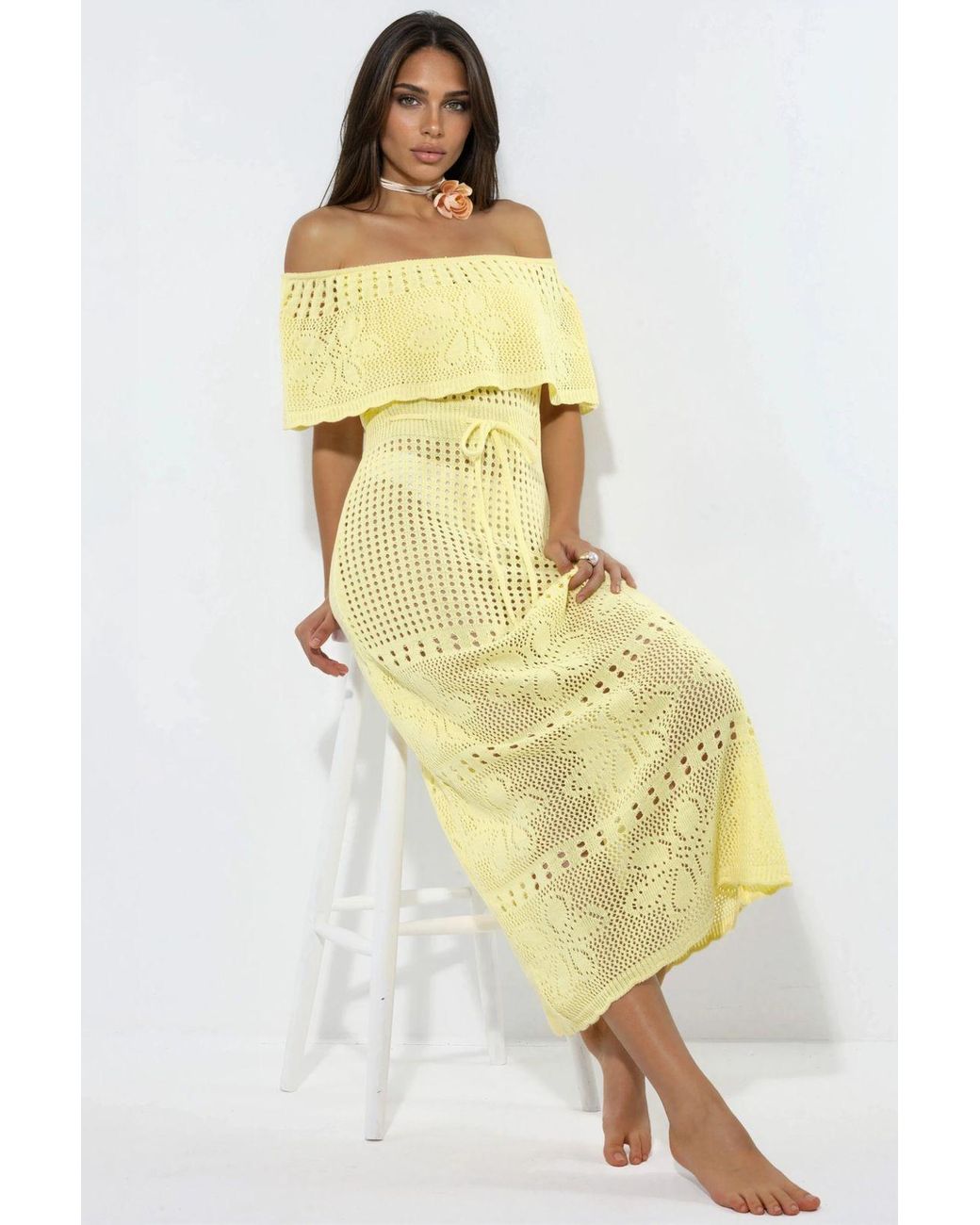 Hiccup Yellow Knit Maxi Bardot Neck Beach Dress