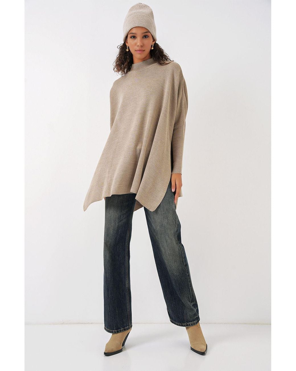 Bigdart Natural Slit Detailed Half Turtleneck Loose Sweater