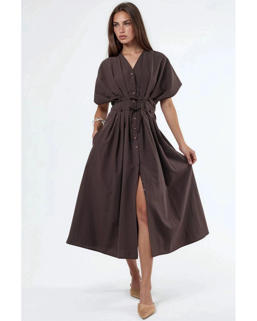Busem Brown Casual V-Neck Midi Shirt Dress
