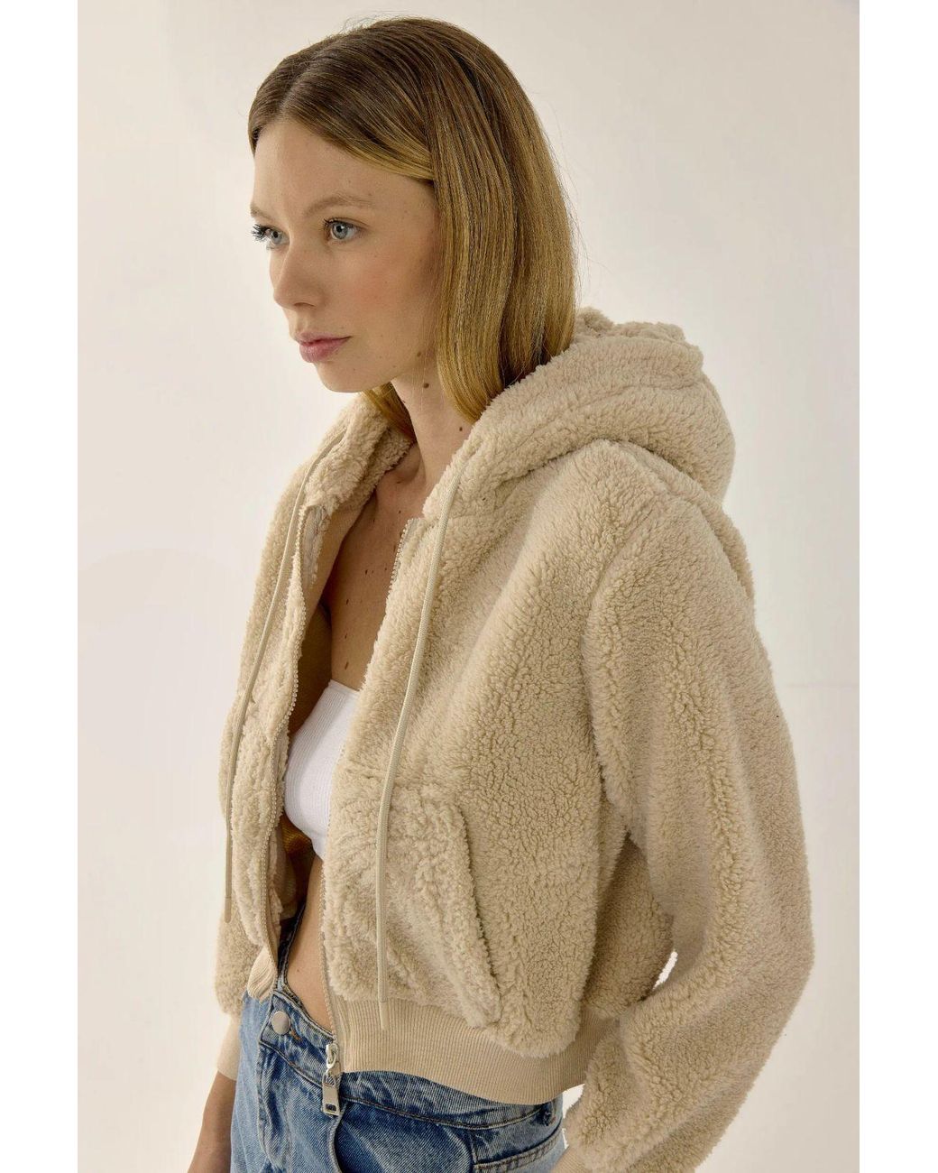 Hiccup Natural Plush Crop Jacket With Zipper Collar