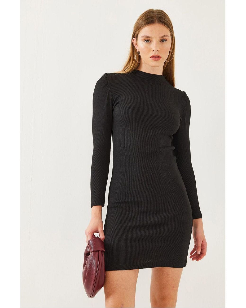 Bianco Lucci Black Ribbed Jersey Mini Dress With Crew Neck
