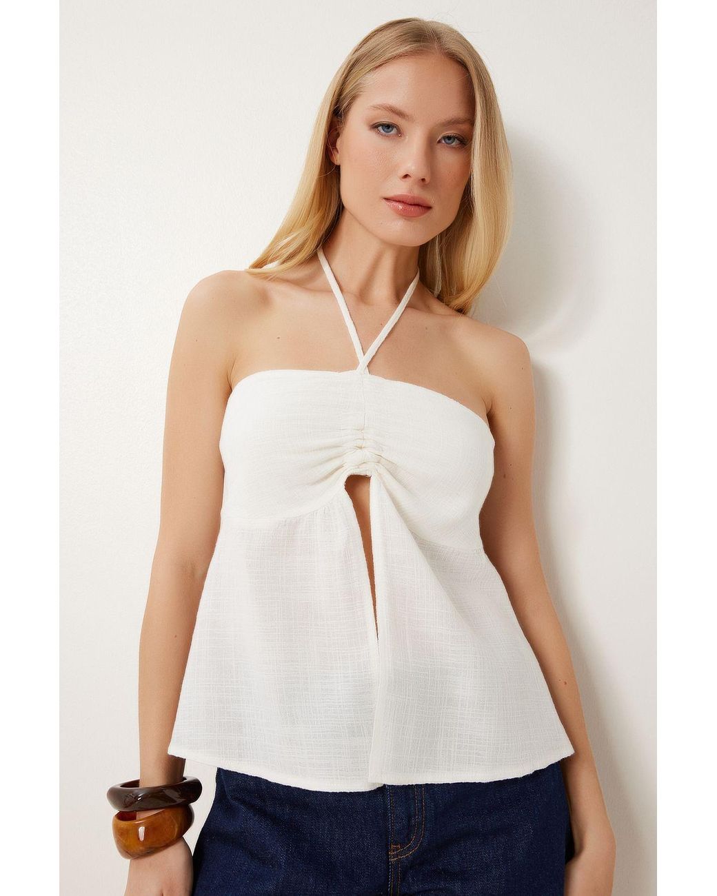 Happiness İstanbul White Cotton Off-Shoulder Halter Blouse