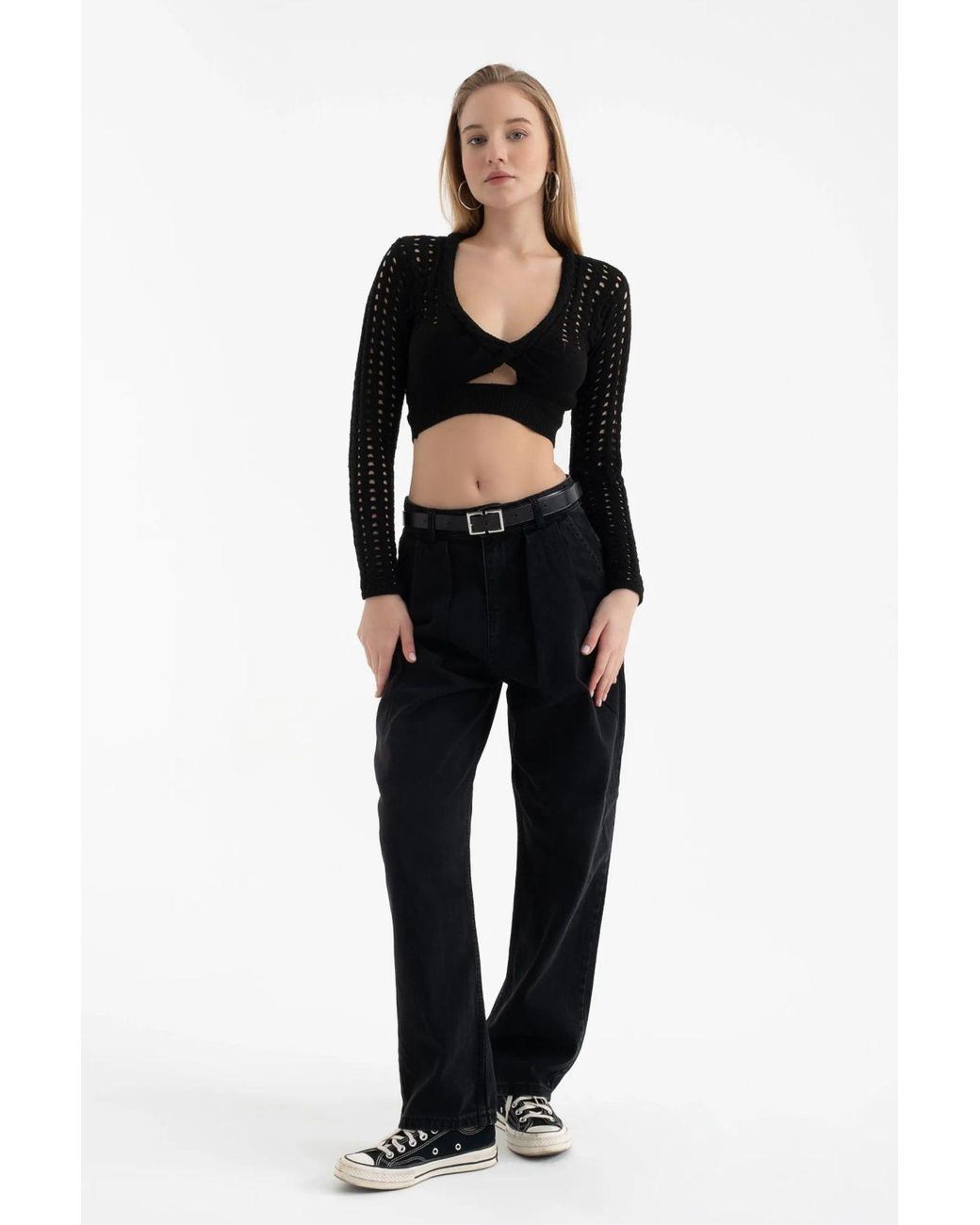 Hiccup Black Scoop Neck Knitted Cut Out Long Sleeve Crochet Blouse