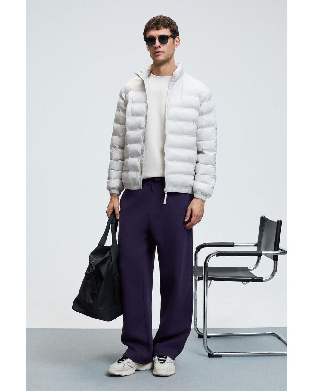 Grimelange White Elastic Waist Wide Leg Joggers for men