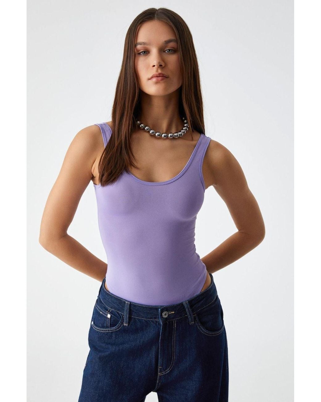 Grimelange Purple Slim Fit U-Neck Snap Tank Top