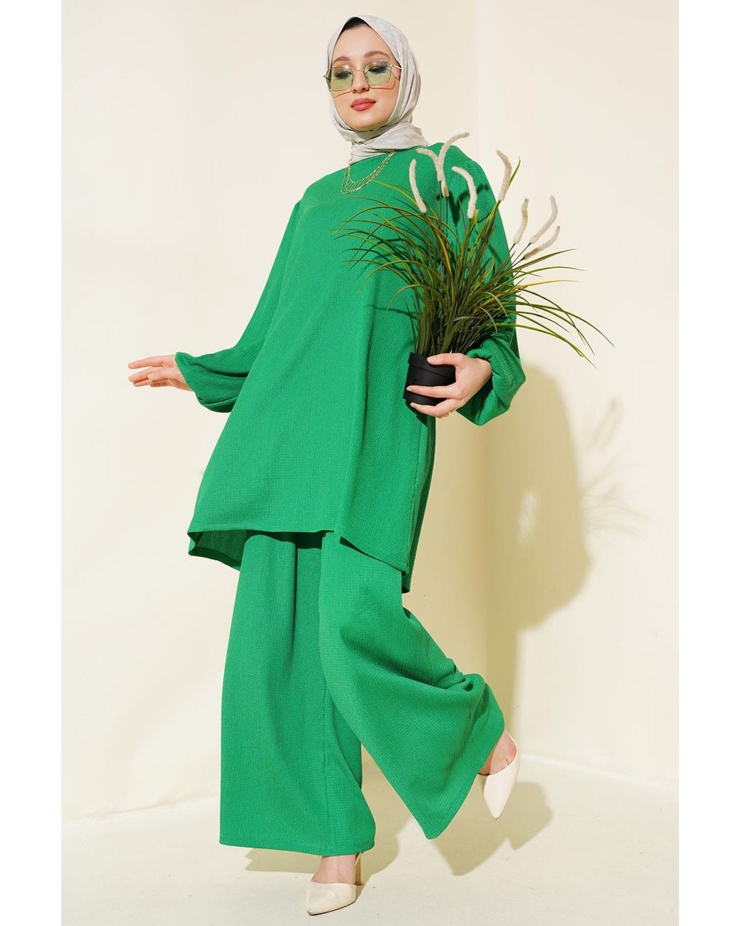 Bigdart Green Textured Long Sleeve Tunic And Wide Leg Pants Set