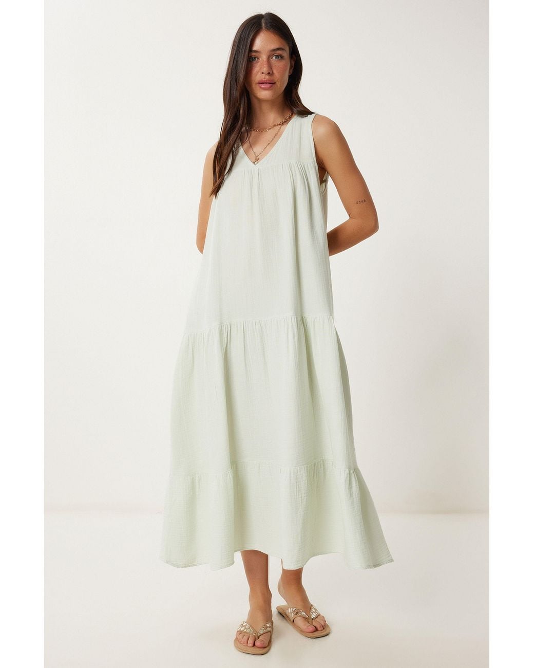 Happiness İstanbul Natural Frilly V-Neck Midi Dress