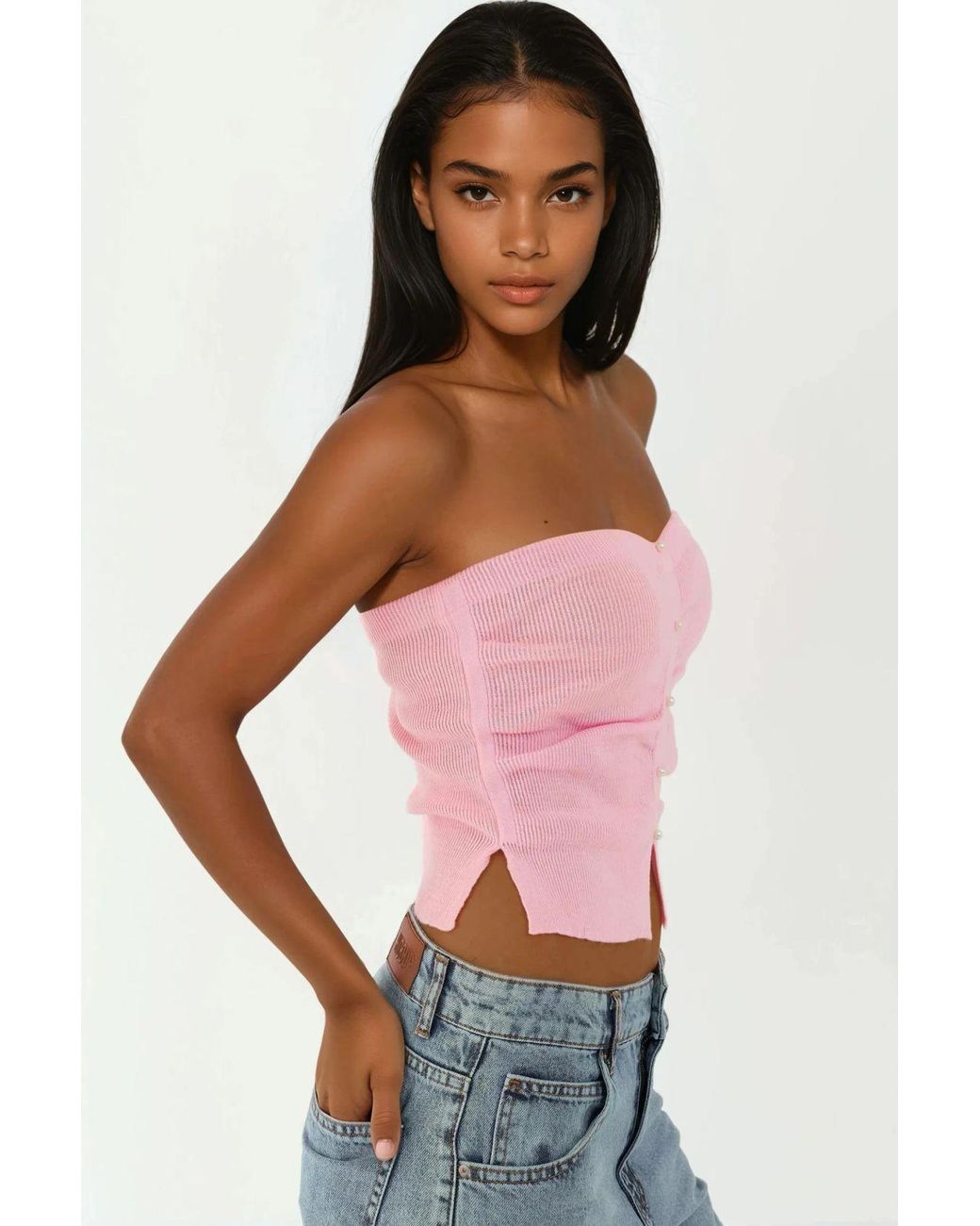 Hiccup Pink Slim Fit Strapless Knitted Top