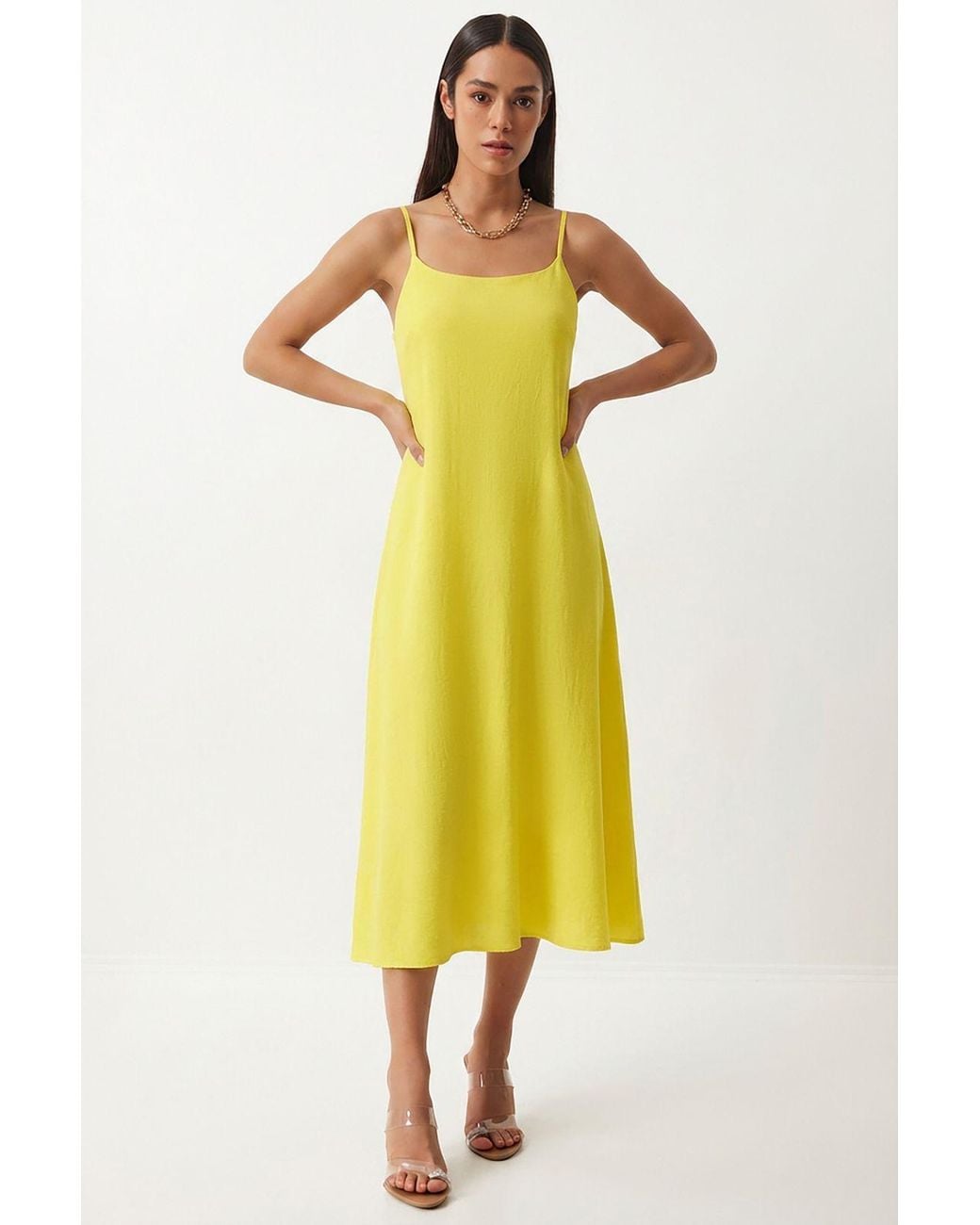 Happiness İstanbul Yellow Cotton Poplin Midi Slip Dress