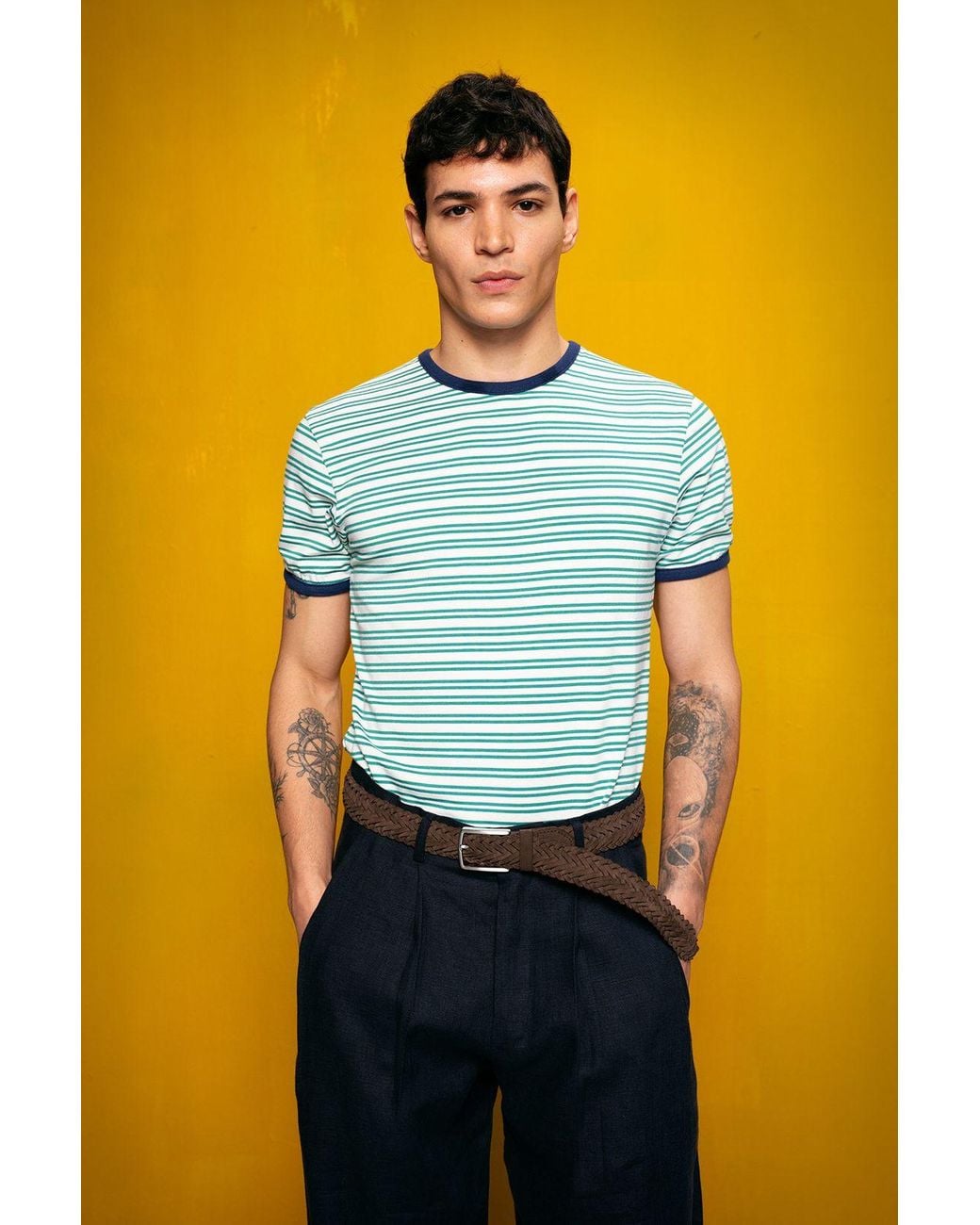 Giesto Yellow Striped Slim-Fit Crew Neck T-Shirt for men