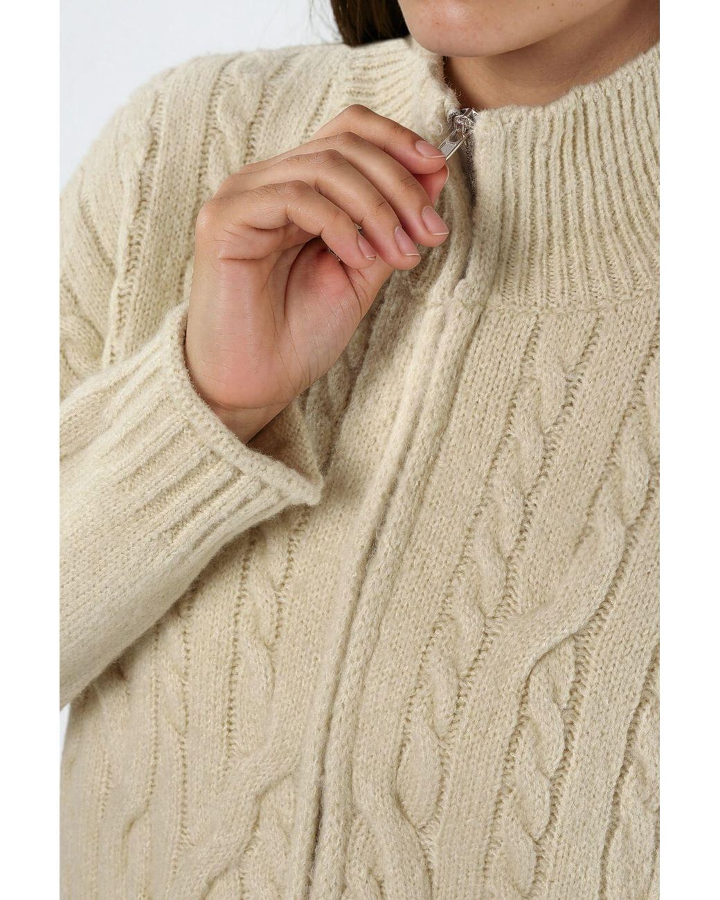 Hiccup Natural Half Turtleneck Cable Knit Cardigan With Zipper