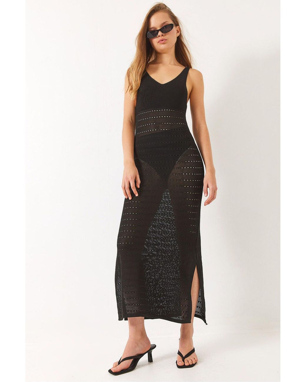 Bianco Lucci Black V-Neck Midi Slit Dress