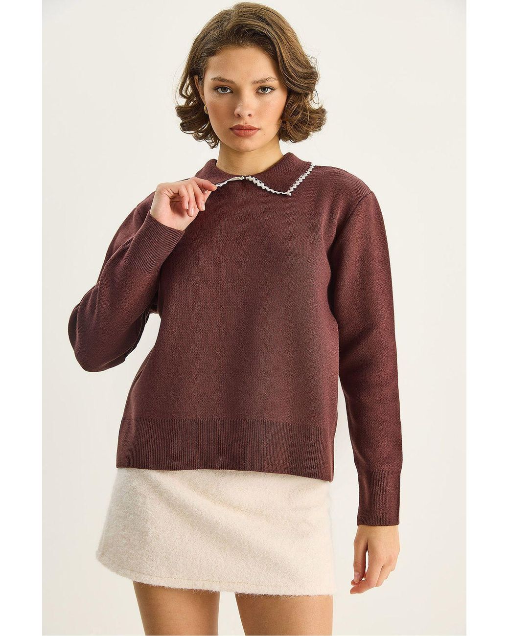 Bianco Lucci Red Knit Sweater With Shirt Collar