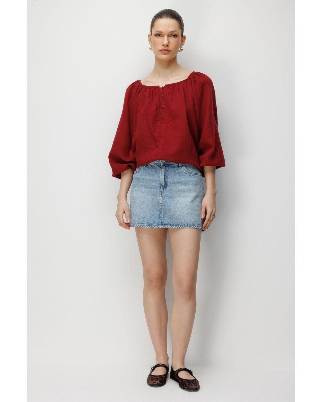 MixRay Red Buttoned Muslin Blouse