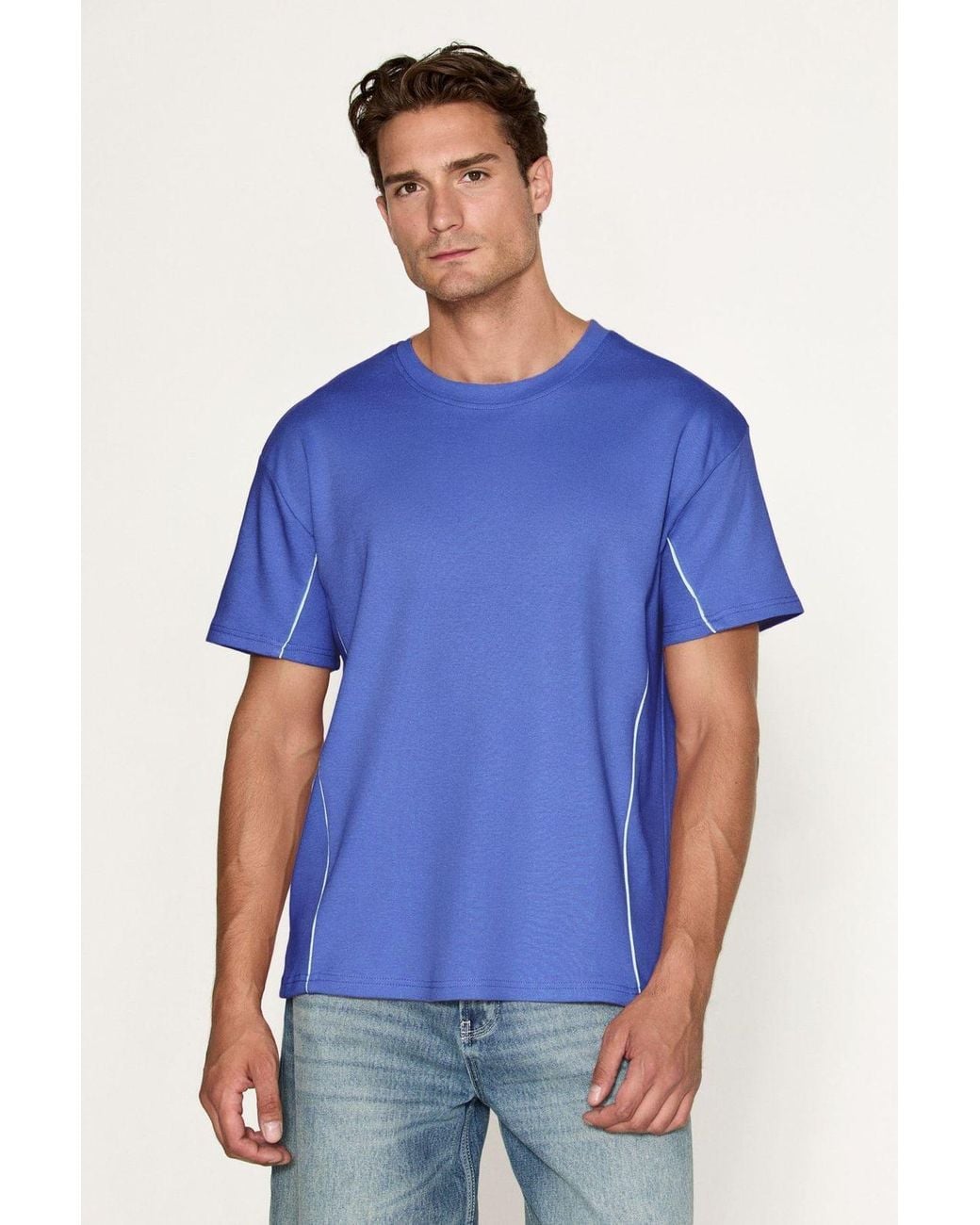 Grimelange Blue Straight Crew Neck Short Sleeve T-Shirt for men