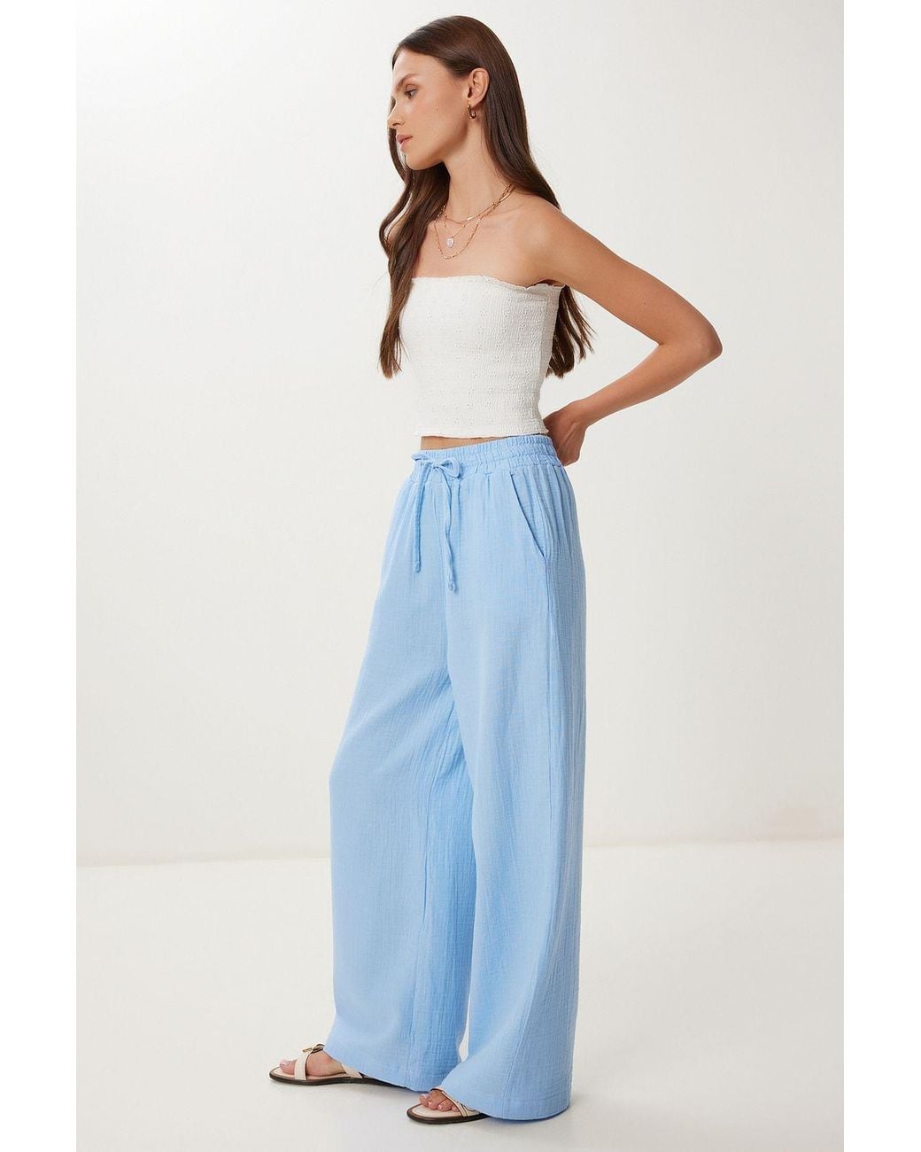 Happiness İstanbul Blue Wide Leg Drawstring Waist Pants With Binding Detail