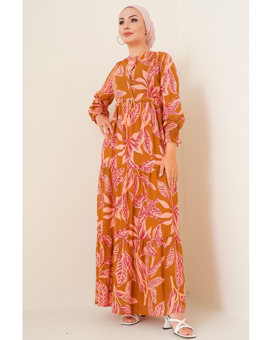 Bigdart Orange Leaf Print Long Sleeve Tiered Maxi Dress