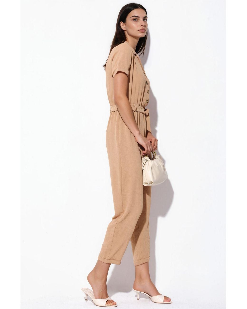 Bigdart Natural Solid Woven Shirt-Collar Jumpsuit With Bow Detail