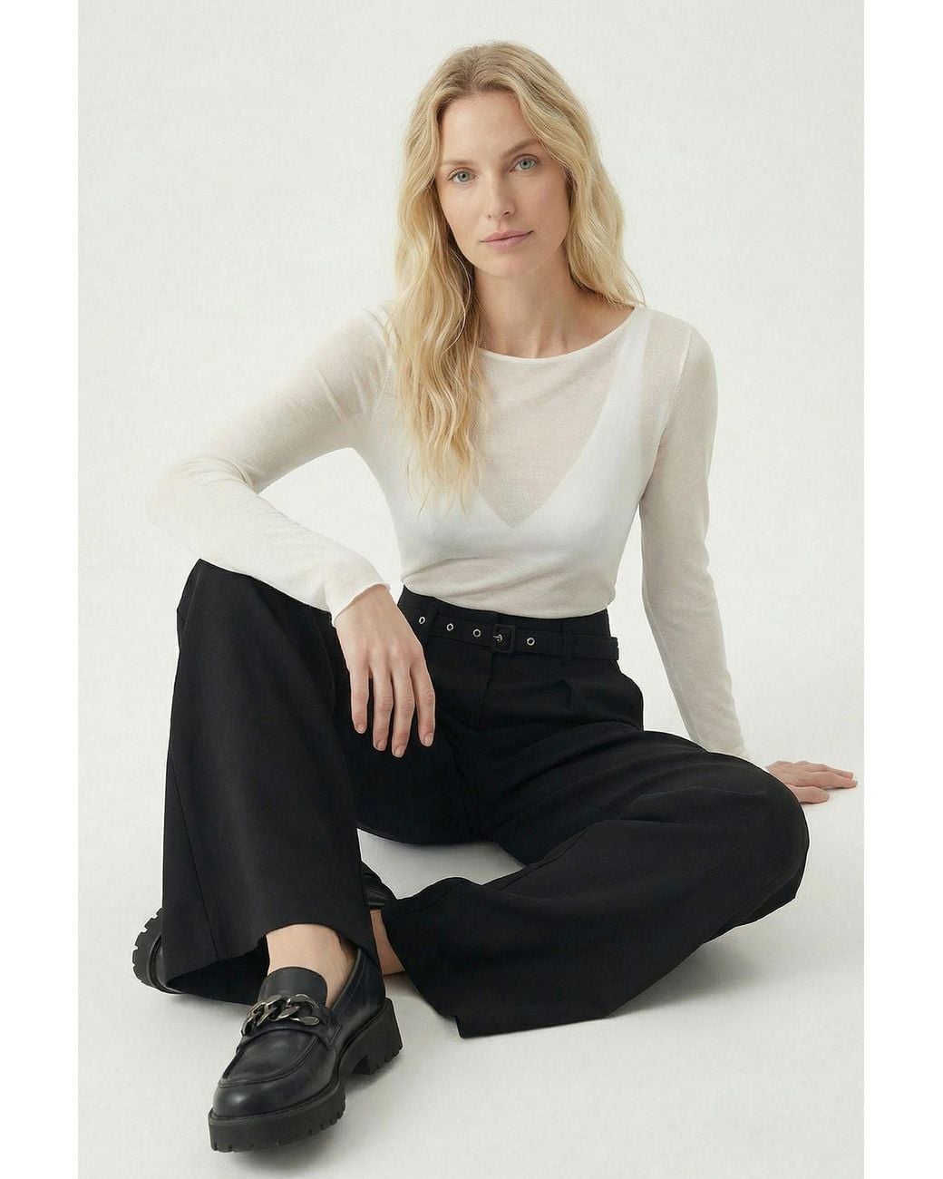 Happiness İstanbul White Pleated Belted Wide Leg Trousers