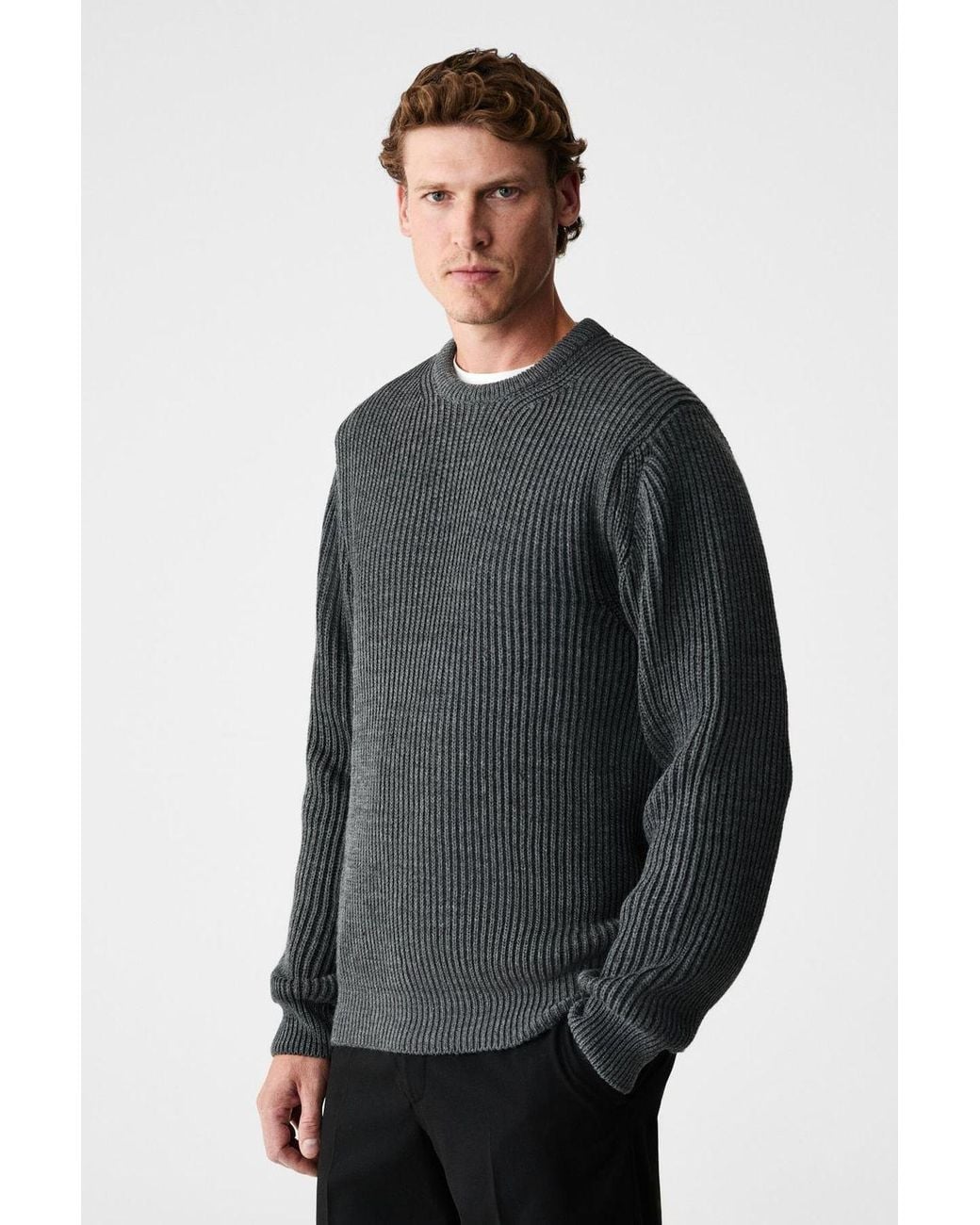 Grimelange Gray Crew Neck Ribbed Fine Knit Jumper for men