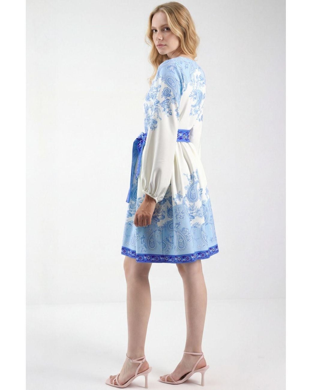 Msn-Collection Blue Patterned A-Line Mini Dress