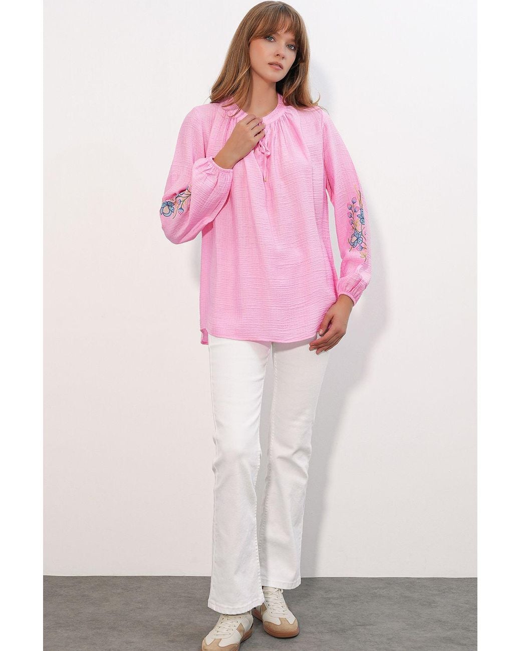 Bigdart Pink Embroidered Oversized Crepe Blouse