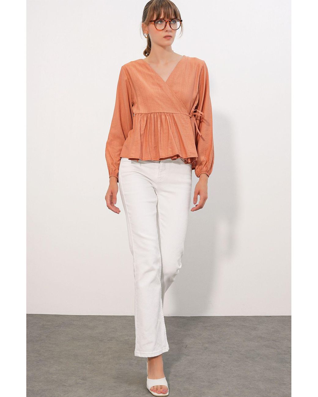 Bigdart Orange V-Neck Tie Detail Crepe Wrap Blouse