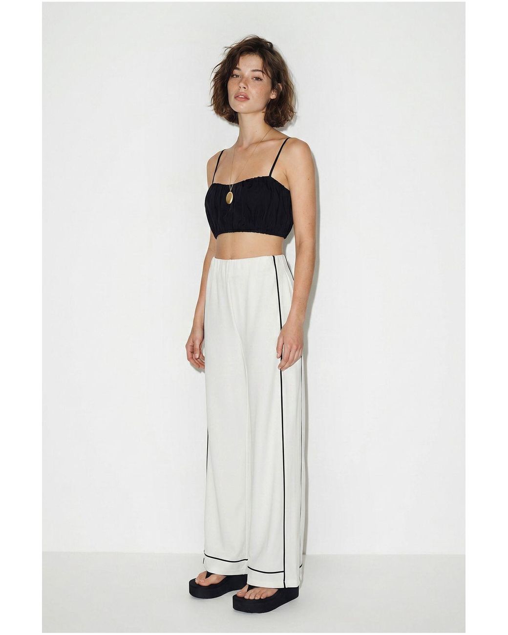 Bianco Lucci White High-Waist Wide-Leg Jersey Trousers