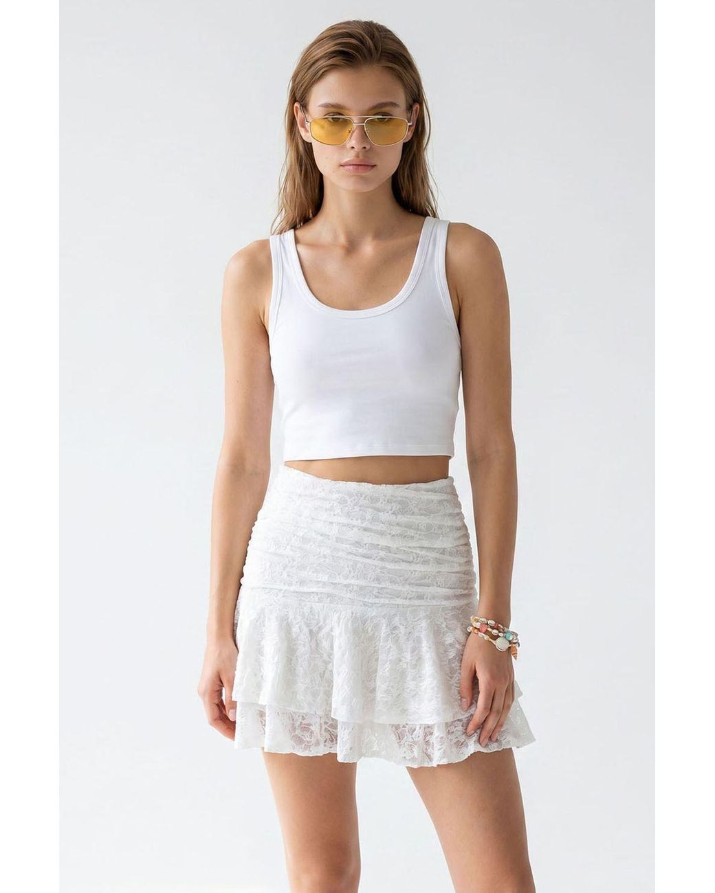 MixRay White High-Waist Lace Mini Skater Skirt