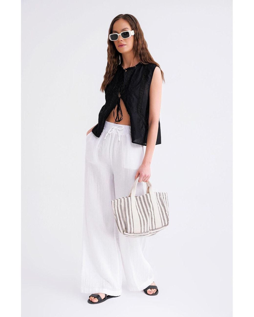 MixRay White High Waist Textured Muslin Fabric Pants