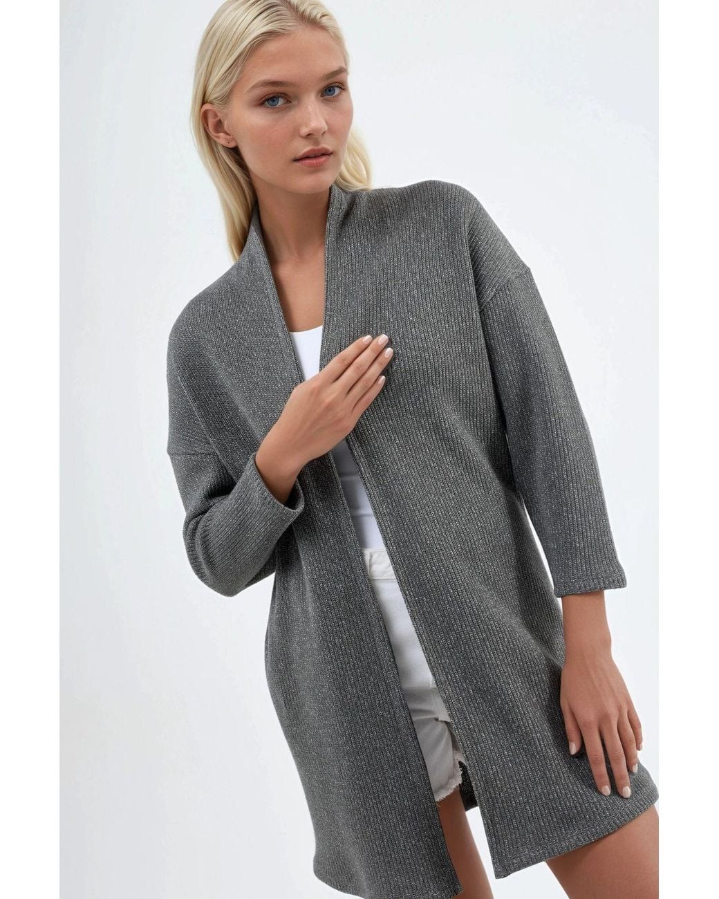 Busem Gray Long Ribbed Knit Cardigan With Open Collar