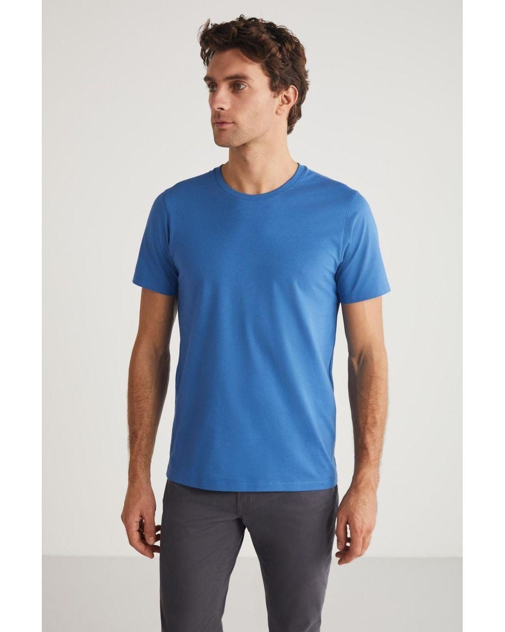 Grimelange Blue Classic Crew Neck T-Shirt for men