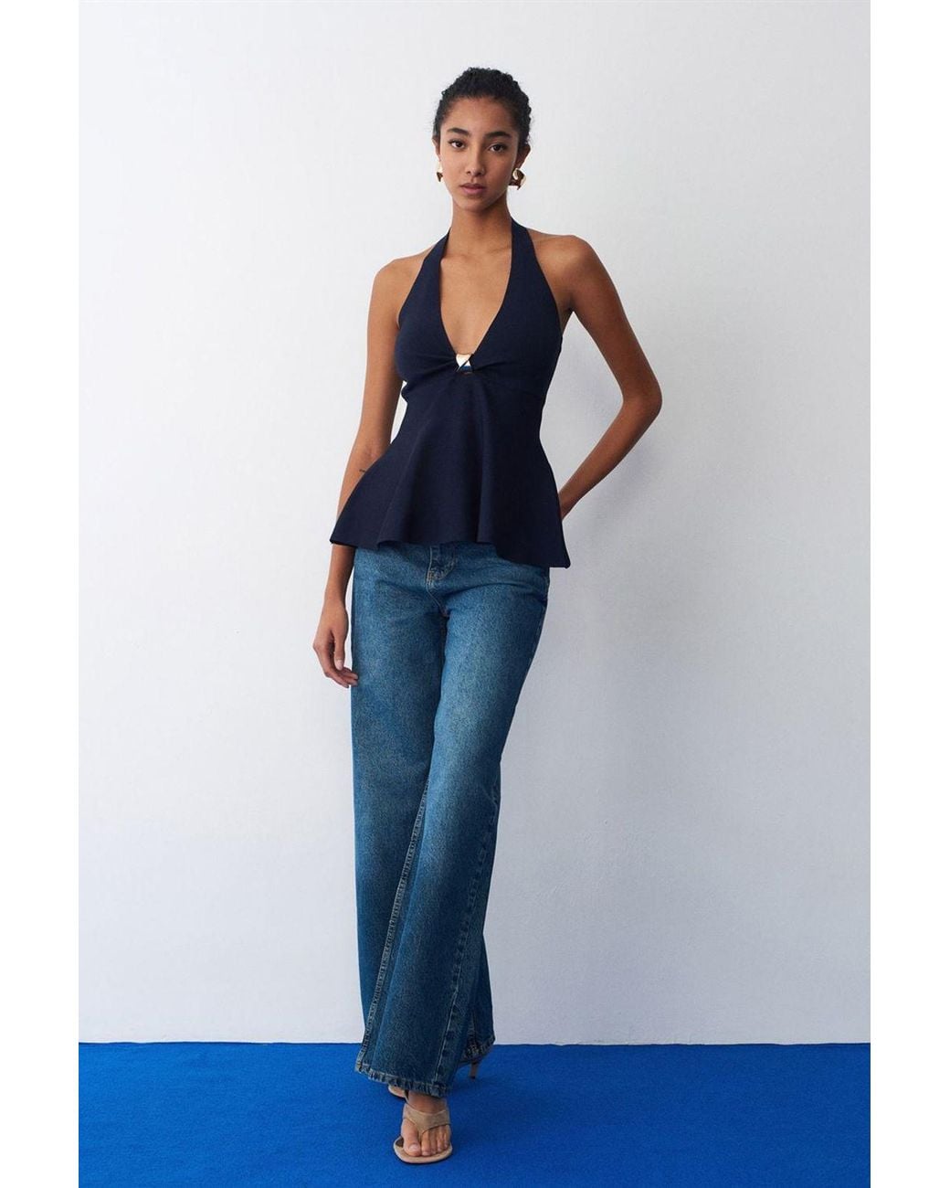 Dilvin Blue Seamless Halter Peplum Blouse