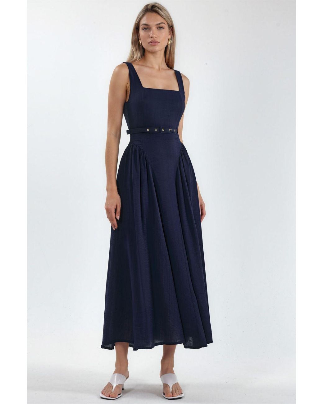 Busem Blue Square Collar Belted Midi Dress